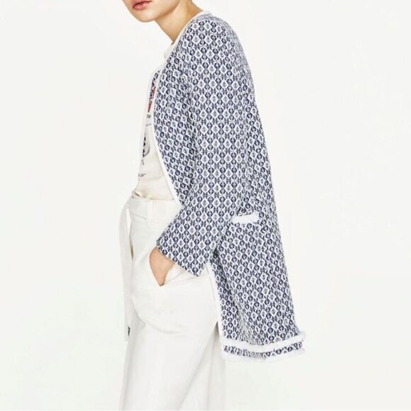 ZARA Basic BlueWhite Tweed Open Front Jacket Women’s XL Tribal Woven Fringe Coat - Picture 4 of 10